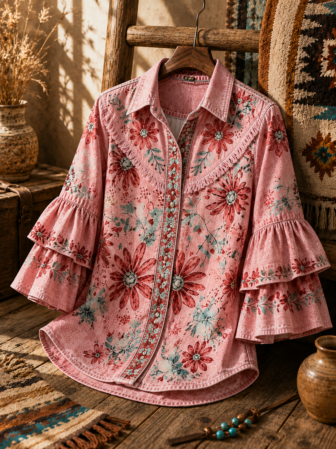 Women's Vintage Floral Embroidered Casual Ruffle Lapel Shirt